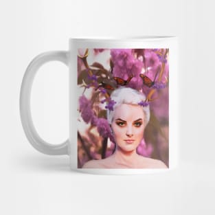 beautiful woman creature of the forest with antlers, flowers and butterflies Mug